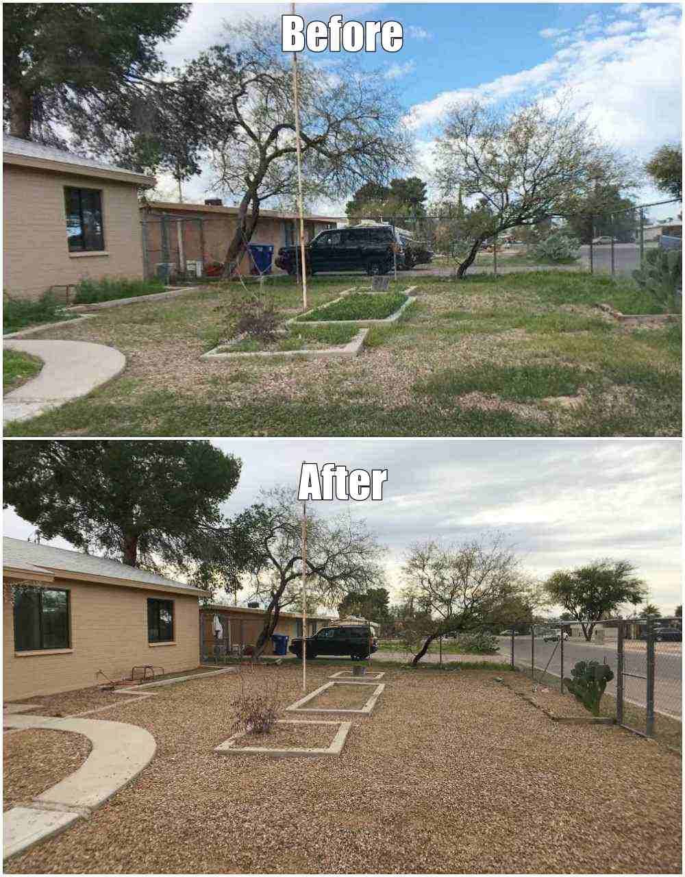 Before and after transformation of a yard, showcasing improved landscaping and maintenance.