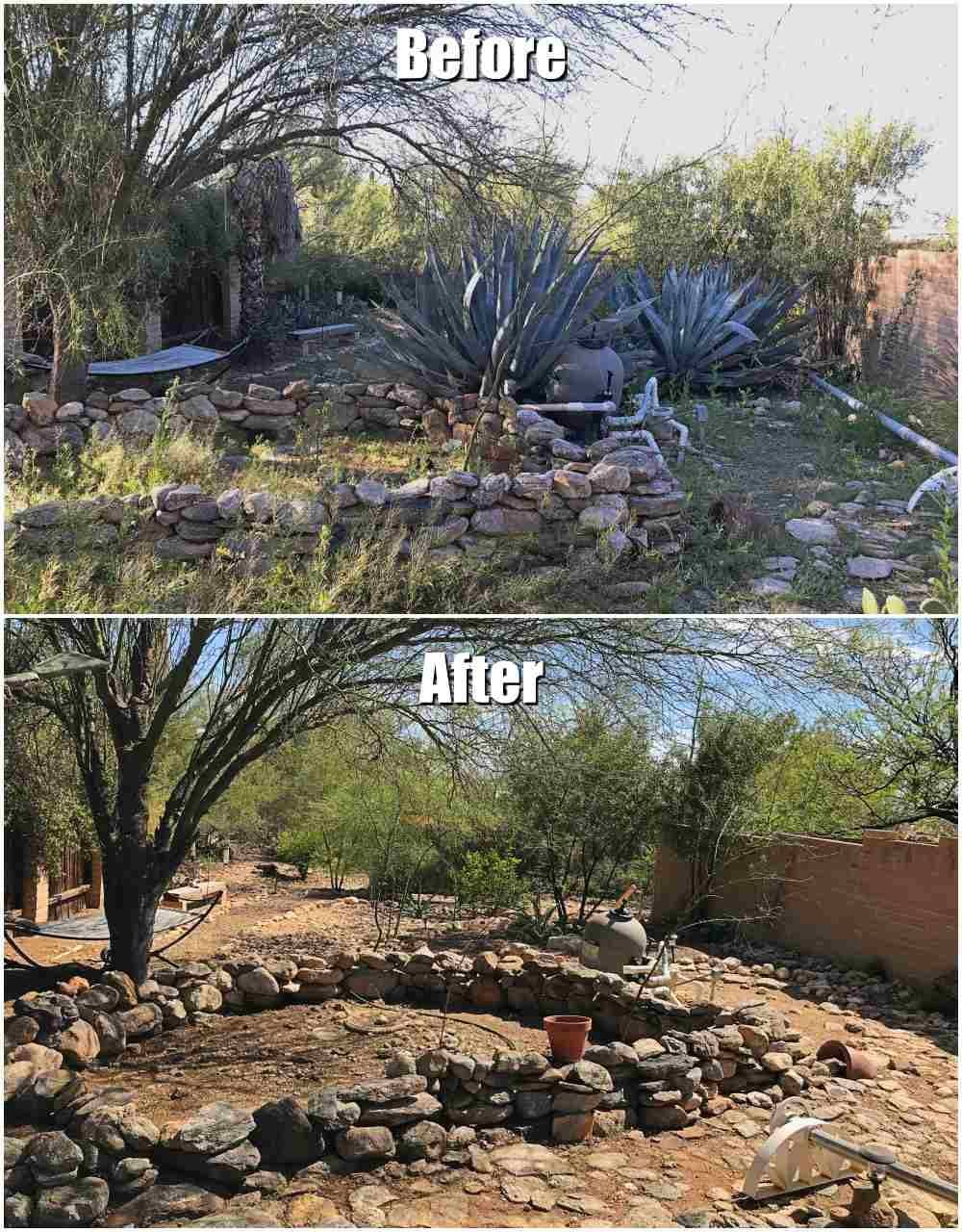 Before and after garden transformation showcasing improved landscaping and clear space.
