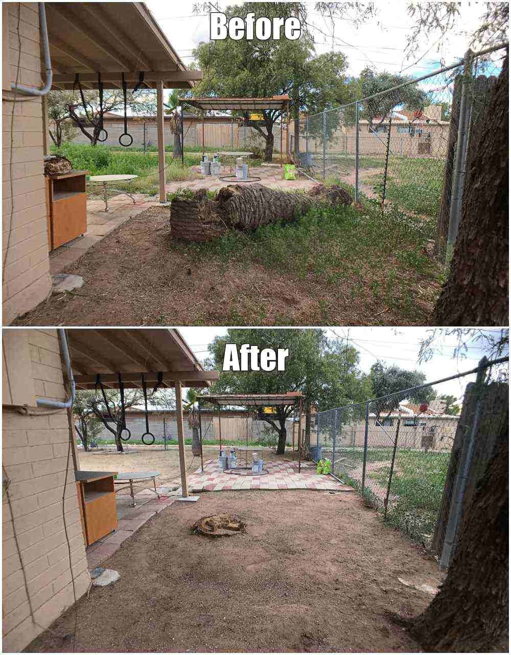 Before and after yard renovation showcasing cleared space and improved landscaping.