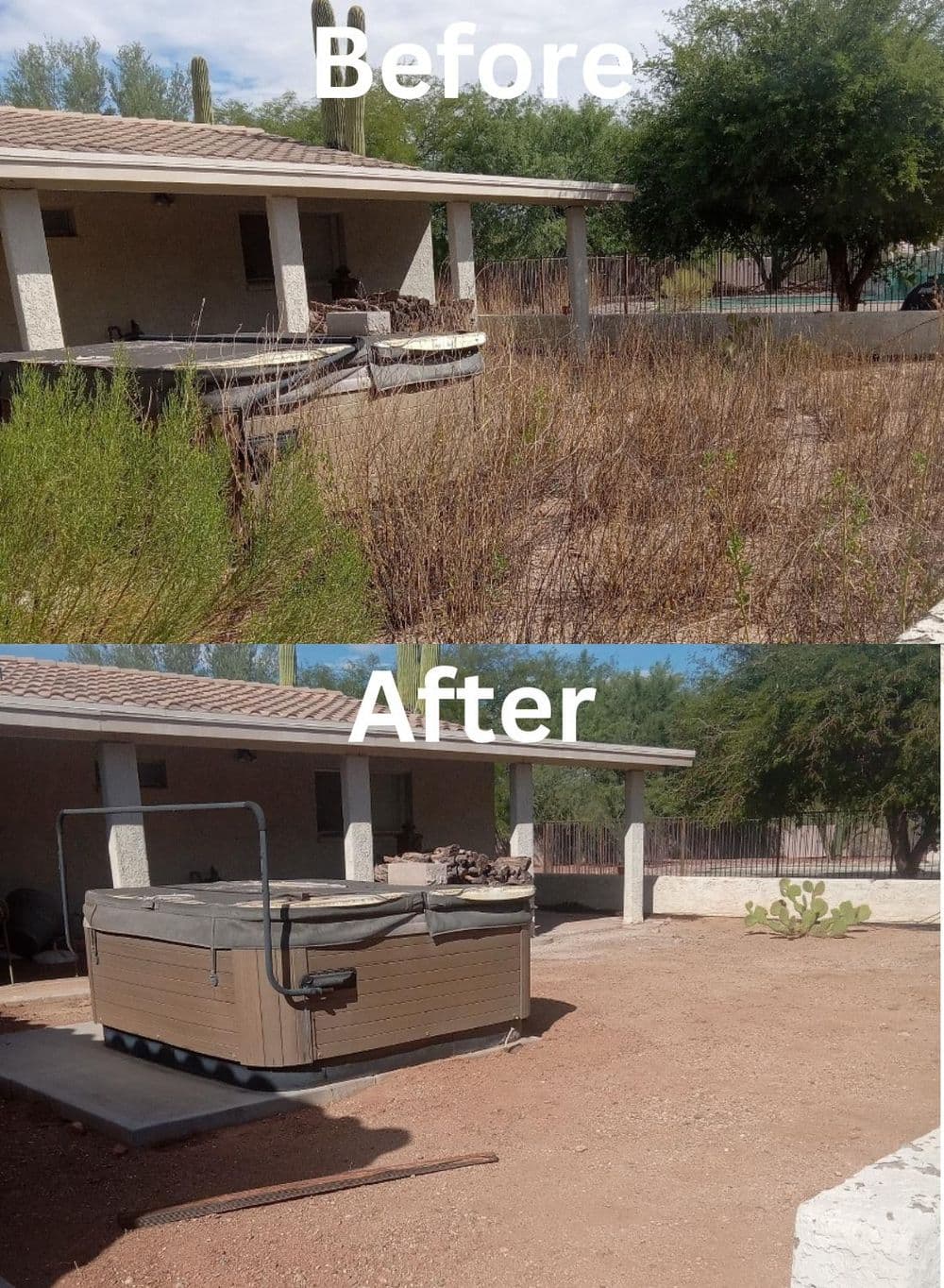 Before and after images of a backyard transformation featuring a hot tub installation.