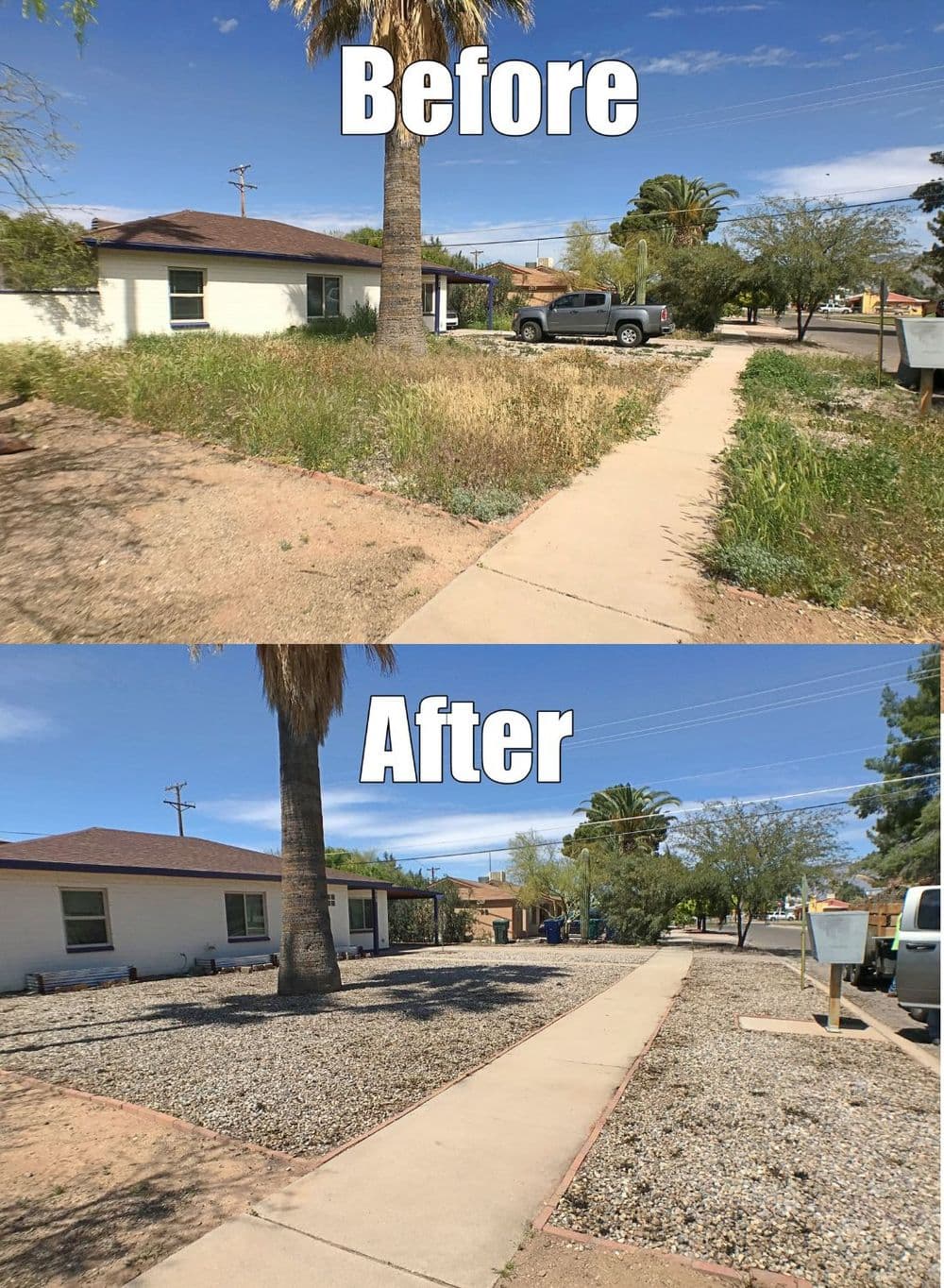 Before and after image showing yard transformation from overgrown grass to clean gravel landscaping.