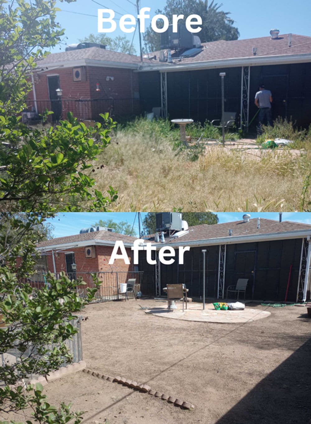 Before and after yard transformation, showcasing cleared overgrown grass and redefined space.