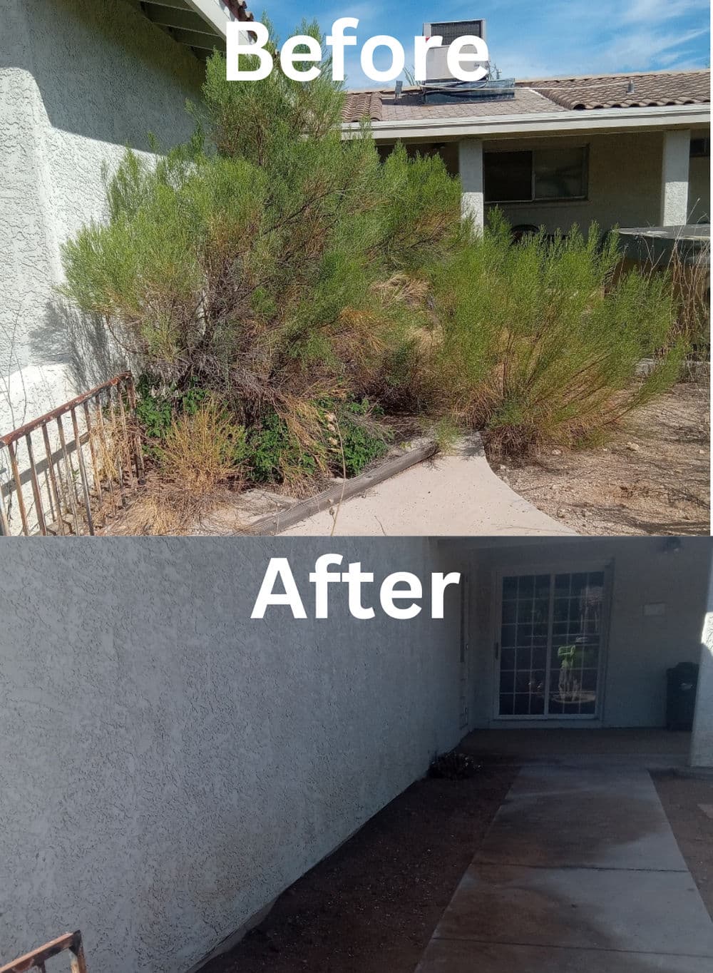 Before and after images showing a yard transformation, from overgrown weeds to a cleared pathway.